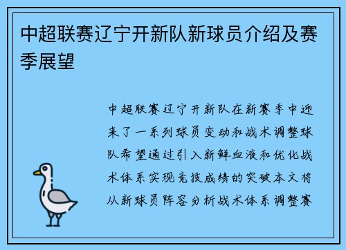 中超联赛辽宁开新队新球员介绍及赛季展望