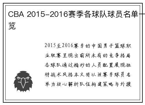 CBA 2015-2016赛季各球队球员名单一览